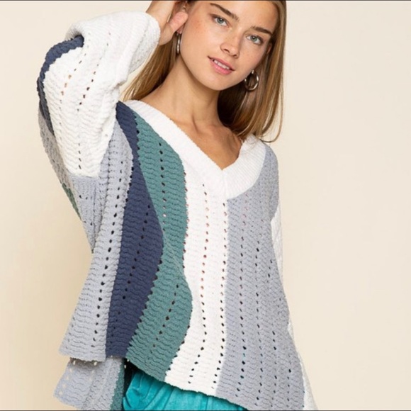 POL Sweaters - POL Bold Navy/Green/ White/Grey Stripes Sweater